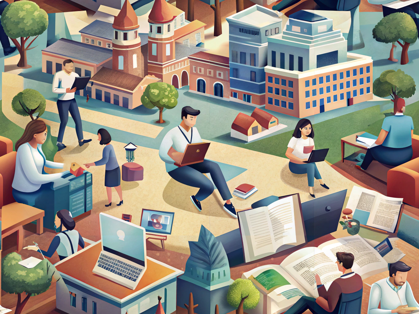 Students engaging with print media on a university campus in a digital age