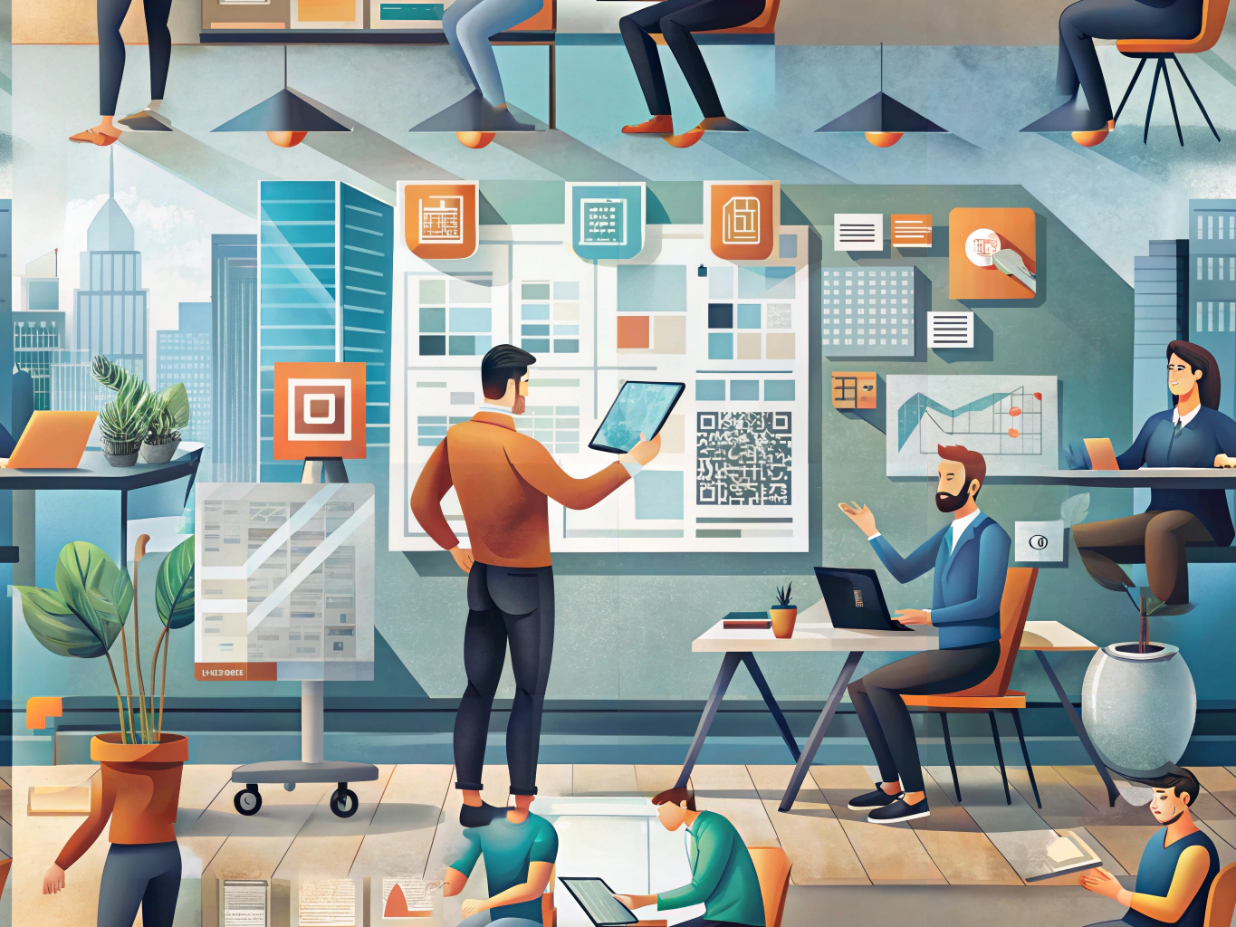 Designers and architects collaborating on marketing strategies with QR codes in a modern office