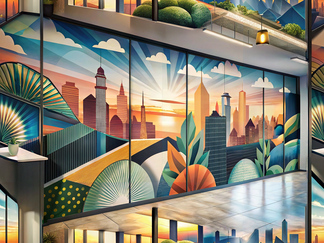 Comparison of window graphics and wall murals in a modern business setting