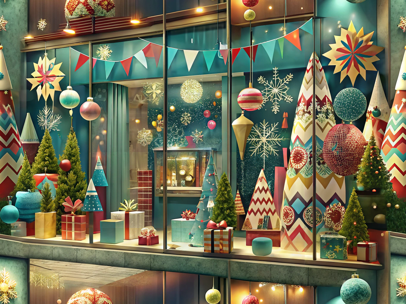 Colorful festive window graphics and decorations for the holiday season
