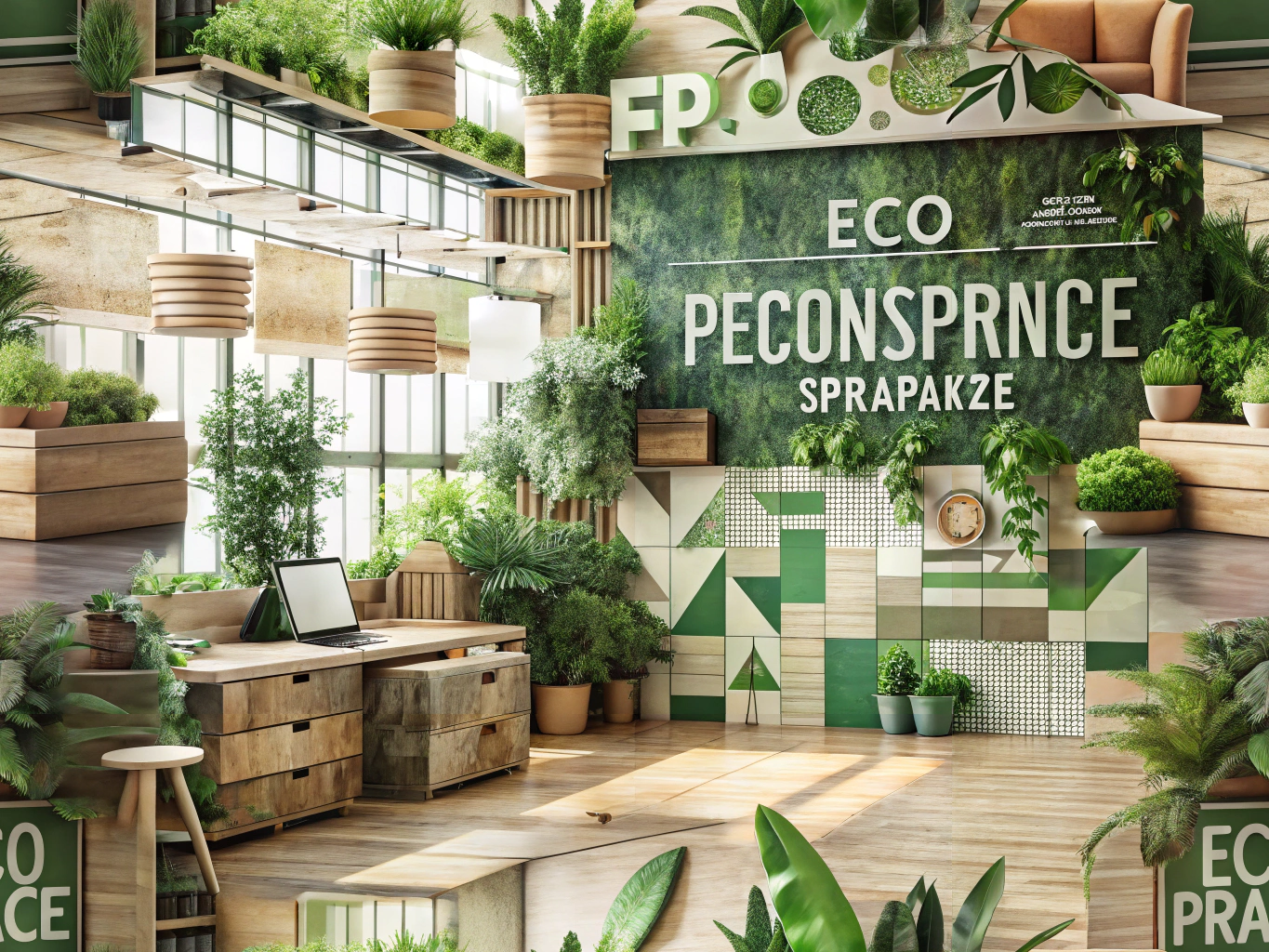 Eco-friendly printing workspace with natural materials and plants promoting sustainability