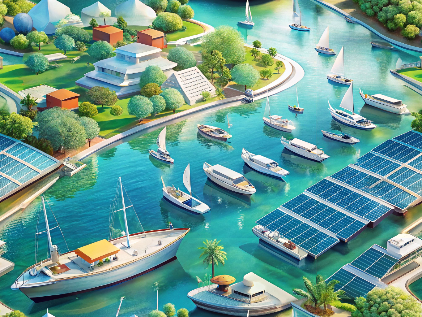 Eco-friendly boats and yachts in a sustainable marina setting