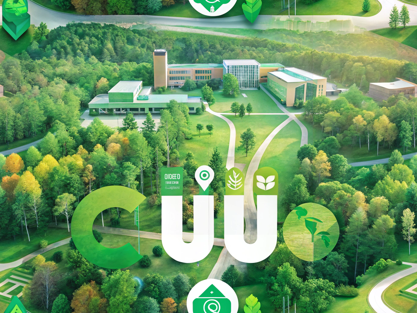 Eco-friendly signage and print materials on a university campus promoting sustainability
