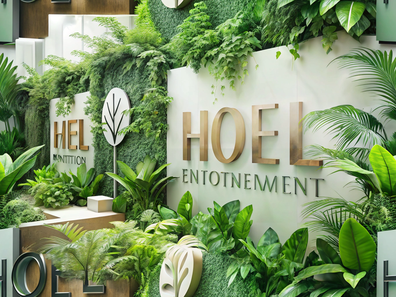 Eco-friendly hotel signage made with water-based inks surrounded by greenery