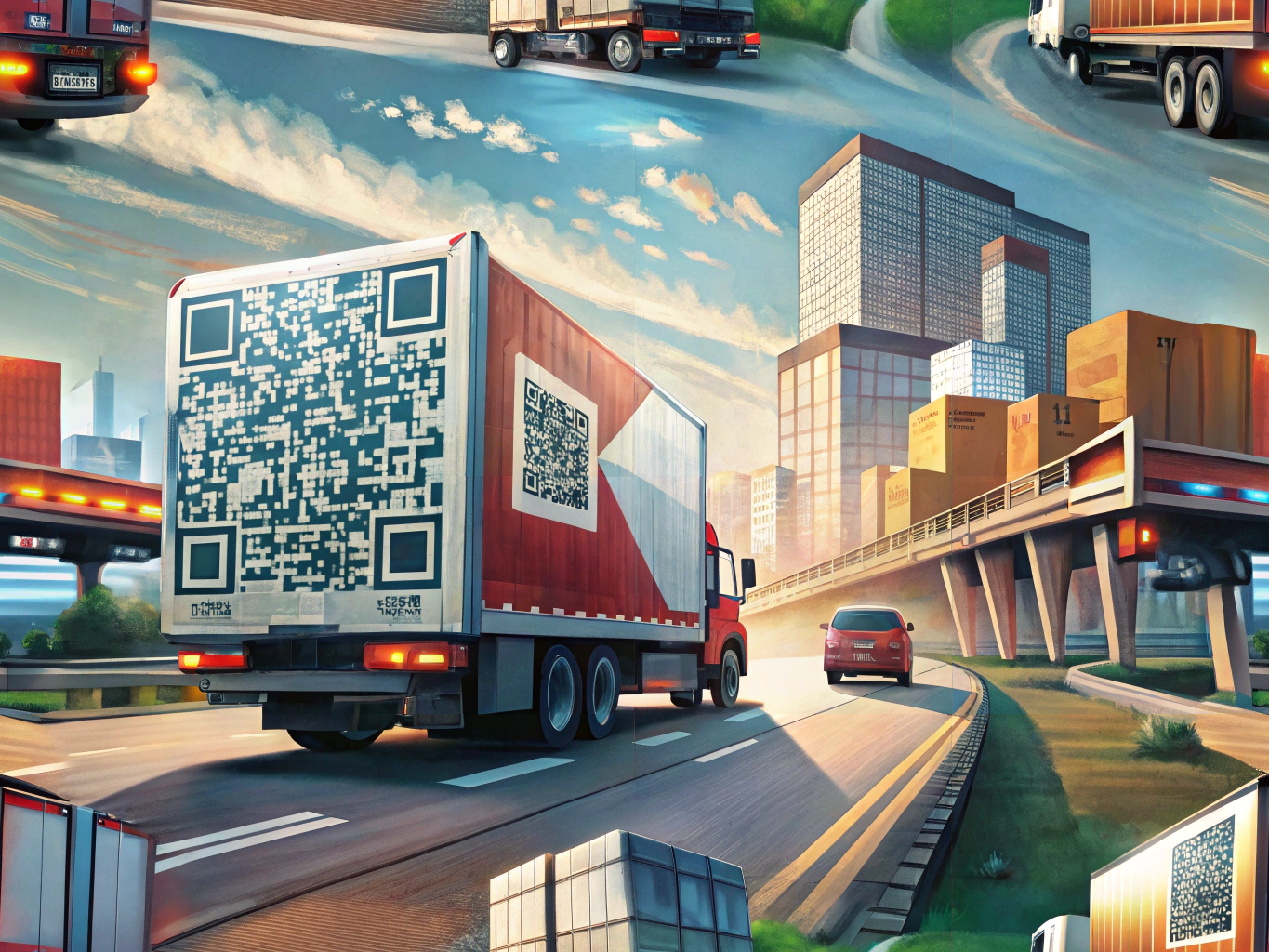 Truck on the road featuring a QR code, symbolizing innovative marketing in the trucking industry