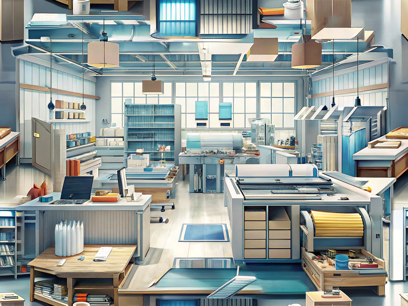 Print shop services tailored for architects and designers showcasing printing equipment and architectural blueprints